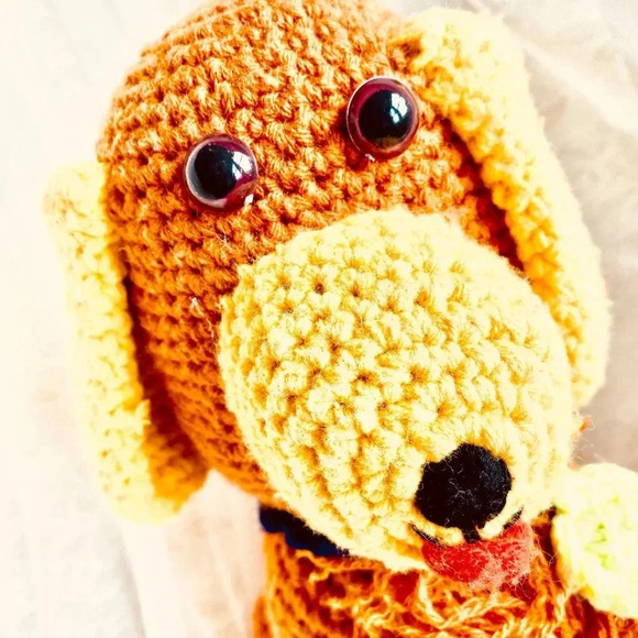 Stuffed Plushy Cute Brown and Cream Yellow Puppy Doggy Crochet Knit Doll Toy 12" - Picture 4 of 8